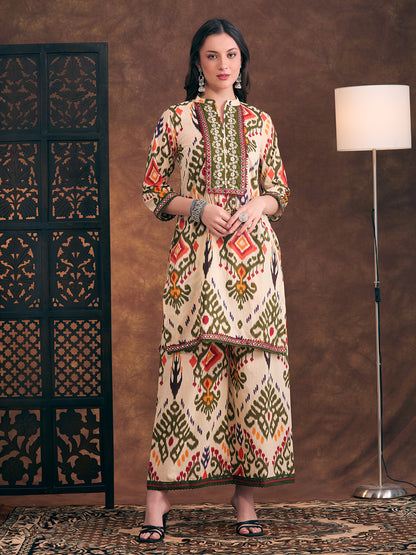 Ethnic Ikat Printed Embroidered Straight Fit Kurta with Palazzo - Multi