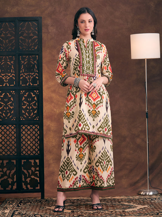 Ethnic Ikat Printed Embroidered Straight Fit Kurta with Palazzo - Multi