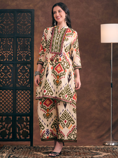 Ethnic Ikat Printed Embroidered Straight Fit Kurta with Palazzo - Multi