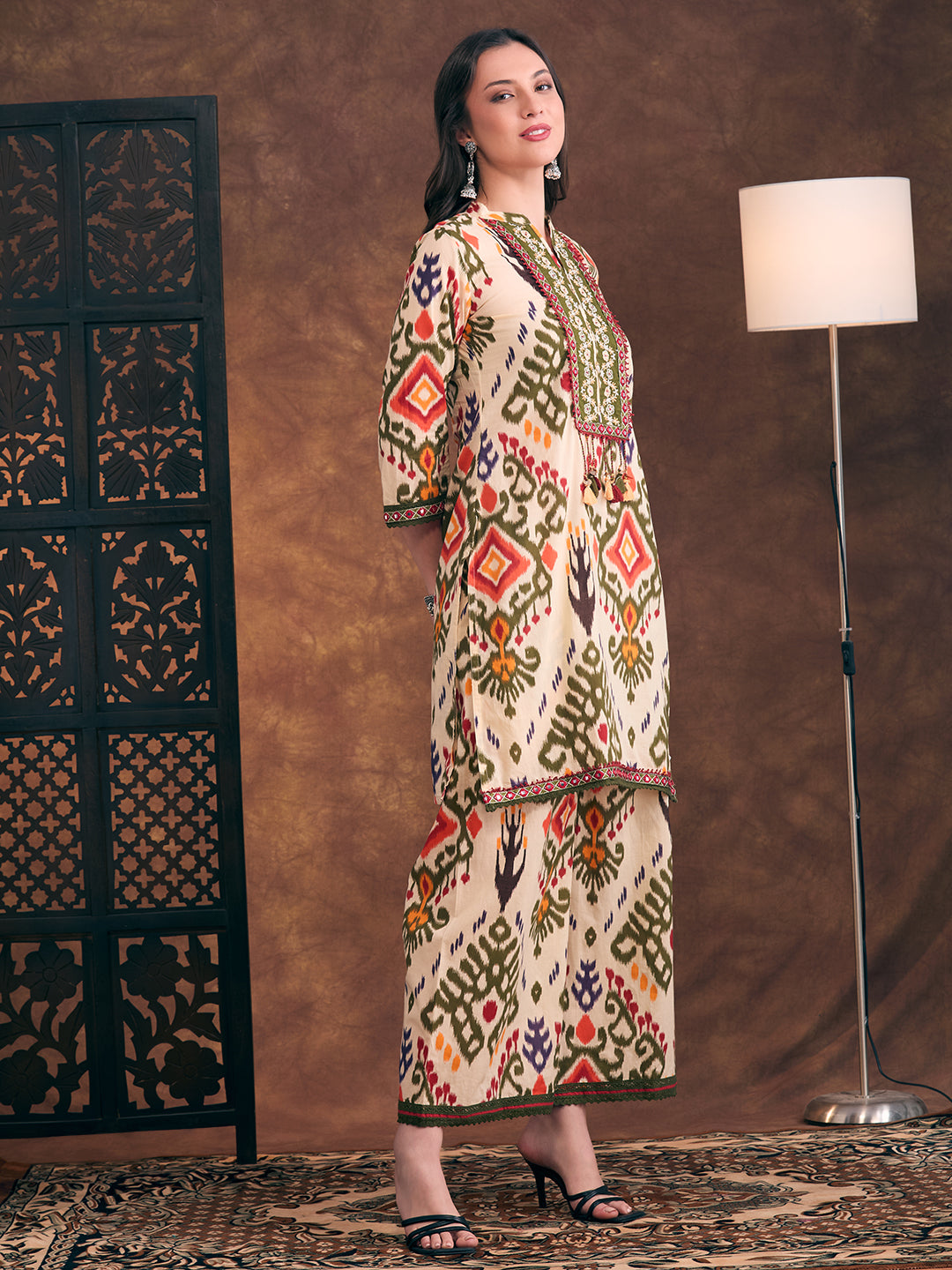Ethnic Ikat Printed Embroidered Straight Fit Kurta with Palazzo - Multi