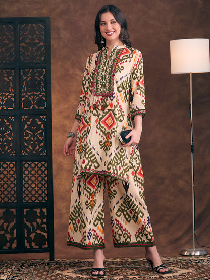 Ethnic Ikat Printed Embroidered Straight Fit Kurta with Palazzo - Multi