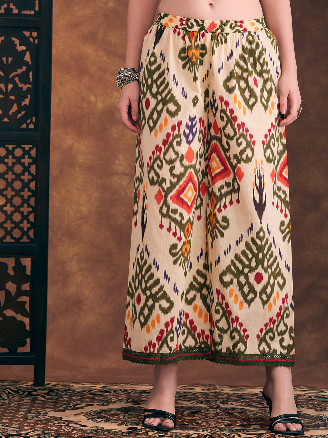 Ethnic Ikat Printed Embroidered Straight Fit Kurta with Palazzo - Multi