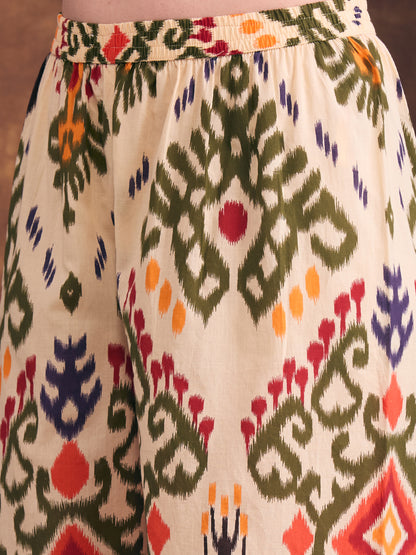 Ethnic Ikat Printed Embroidered Straight Fit Kurta with Palazzo - Multi