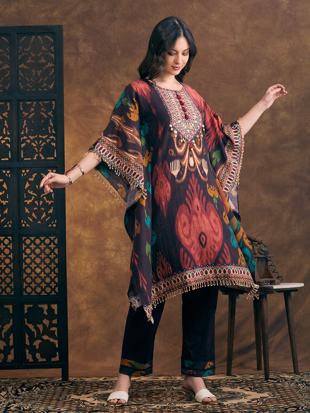 Abstract Ikat Printed Kaftan Kurta with Pant - Multi