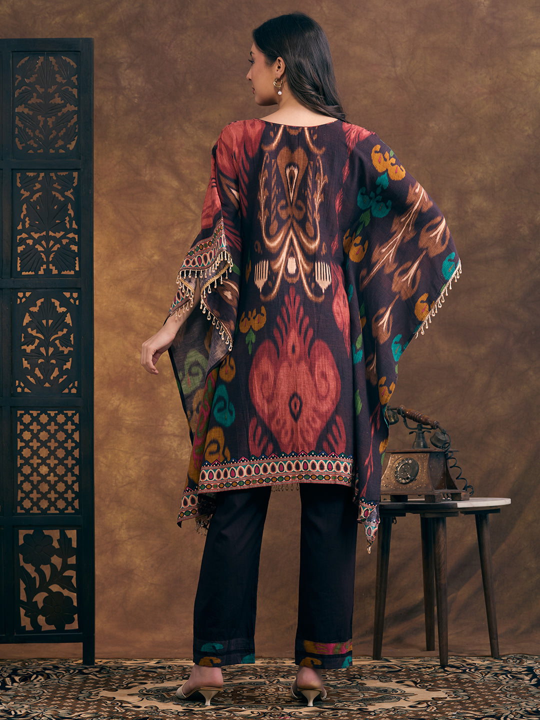Abstract Ikat Printed Kaftan Kurta with Pant - Multi