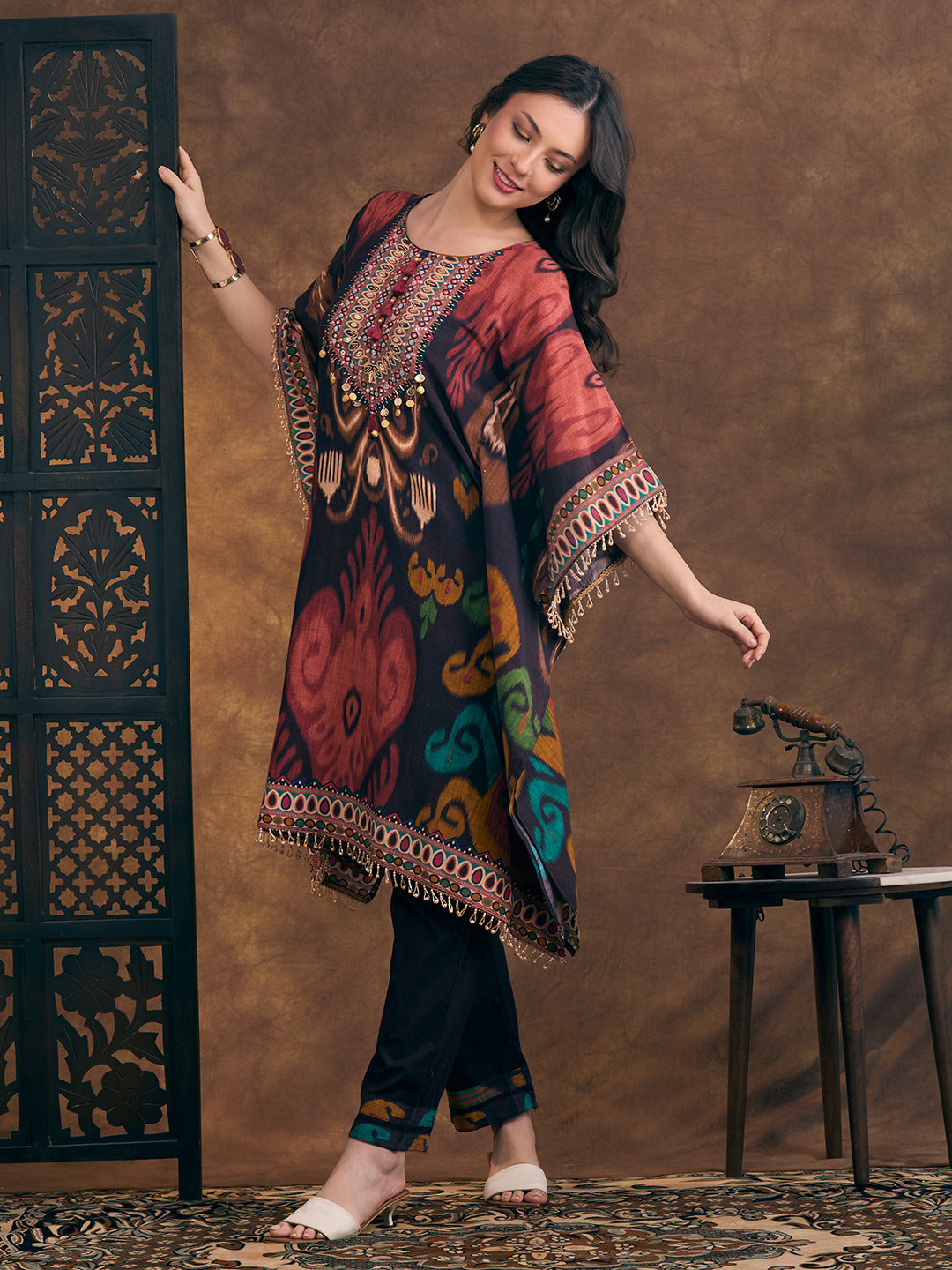 Abstract Ikat Printed Kaftan Kurta with Pant - Multi