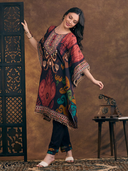 Abstract Ikat Printed Kaftan Kurta with Pant - Multi