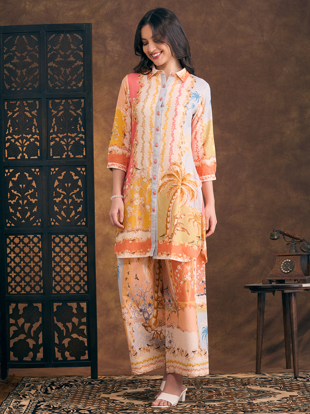 Abstract Floral Printed Straight Fit Co-ord Set - Multi