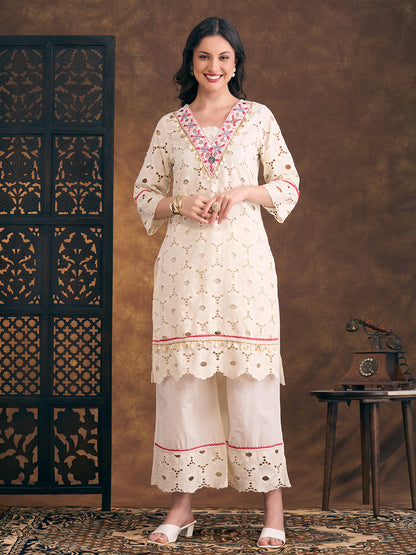 Solid Floral Schiffli Embroidered Straight Fit Kurta with Palazzo - Off White