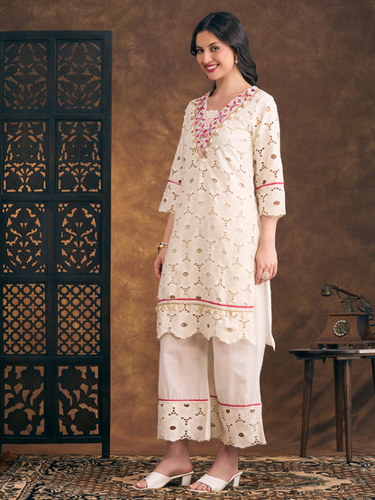 Solid Floral Schiffli Embroidered Straight Fit Kurta with Palazzo - Off White