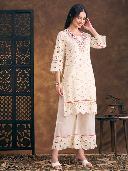Solid Floral Schiffli Embroidered Straight Fit Kurta with Palazzo - Off White