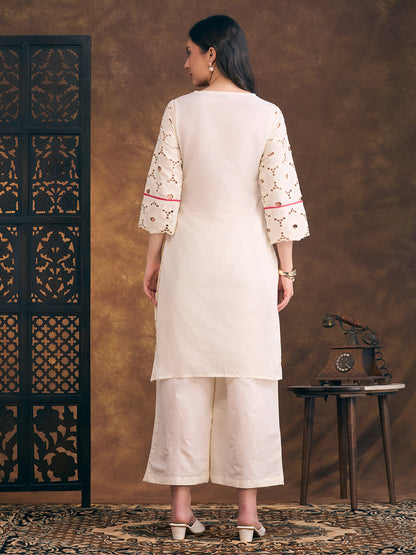 Solid Floral Schiffli Embroidered Straight Fit Kurta with Palazzo - Off White