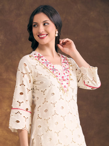 Solid Floral Schiffli Embroidered Straight Fit Kurta with Palazzo - Off White