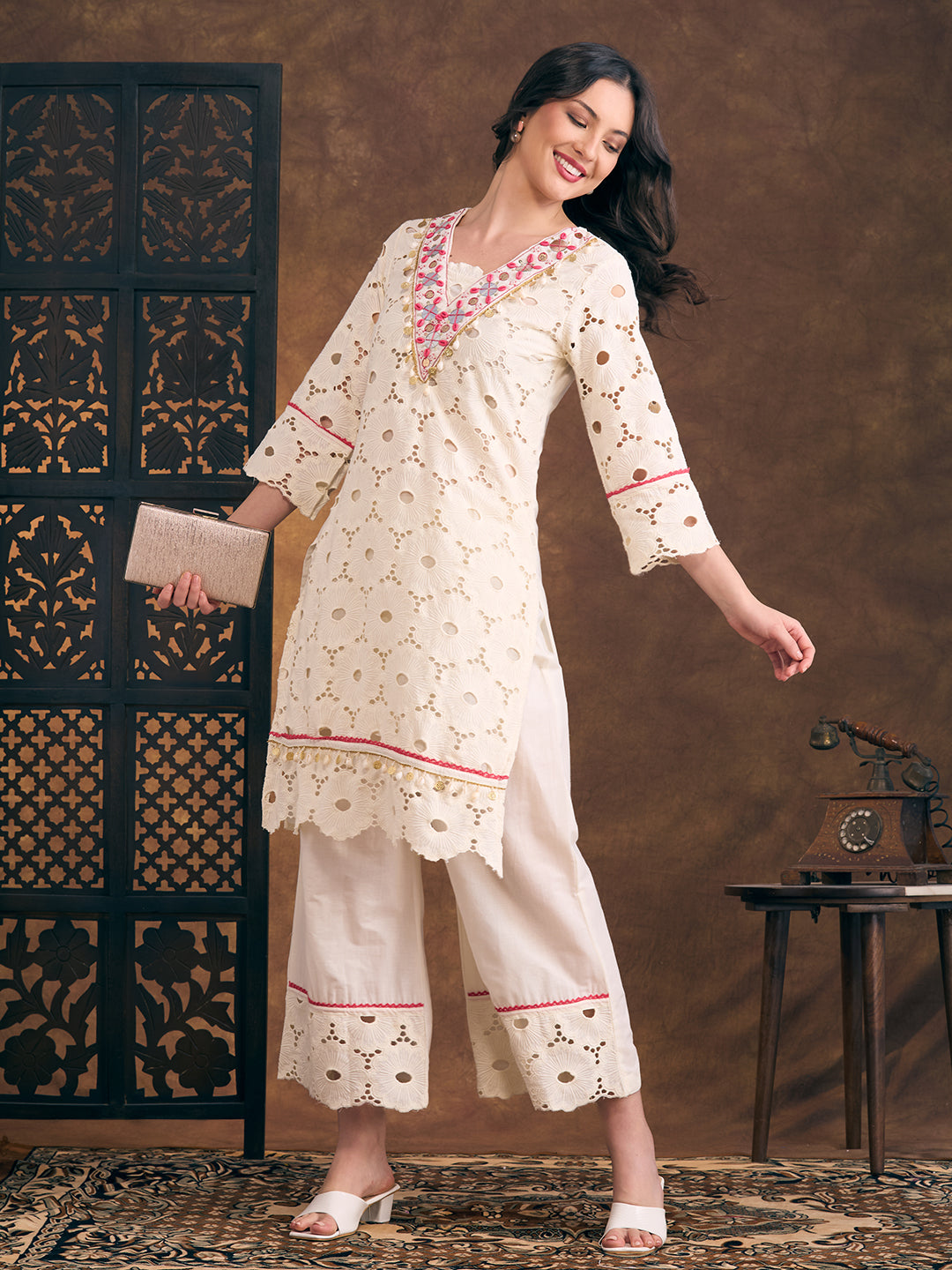 Solid Floral Schiffli Embroidered Straight Fit Kurta with Palazzo - Off White