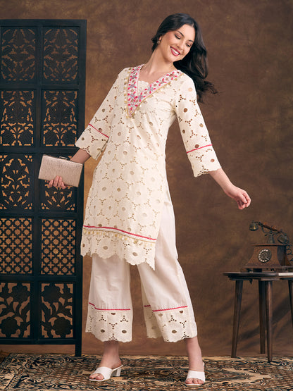 Solid Floral Schiffli Embroidered Straight Fit Kurta with Palazzo - Off White