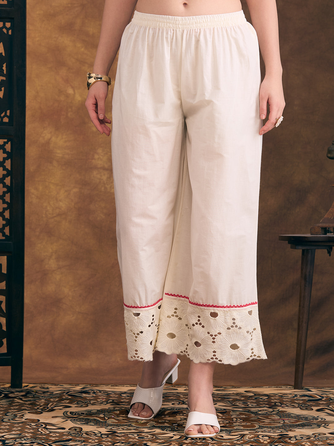 Solid Floral Schiffli Embroidered Straight Fit Kurta with Palazzo - Off White
