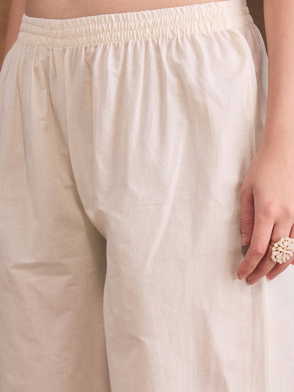 Solid Floral Schiffli Embroidered Straight Fit Kurta with Palazzo - Off White