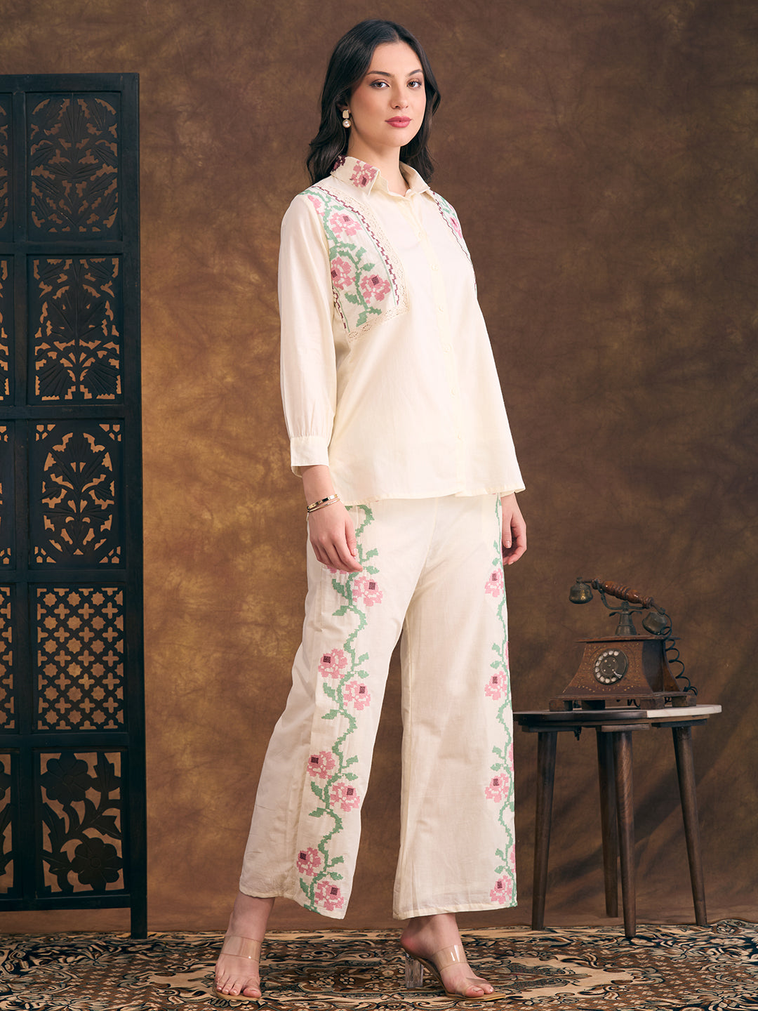 Floral Cross Stitch Embroidered Straight Fit Co-ord Set - Cream