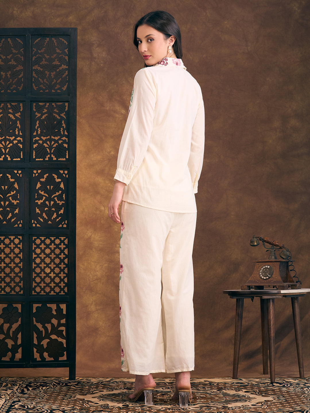 Floral Cross Stitch Embroidered Straight Fit Co-ord Set - Cream