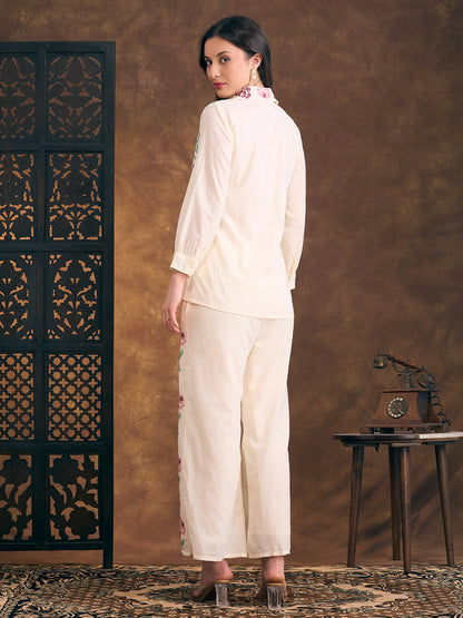 Floral Cross Stitch Embroidered Straight Fit Co-ord Set - Cream