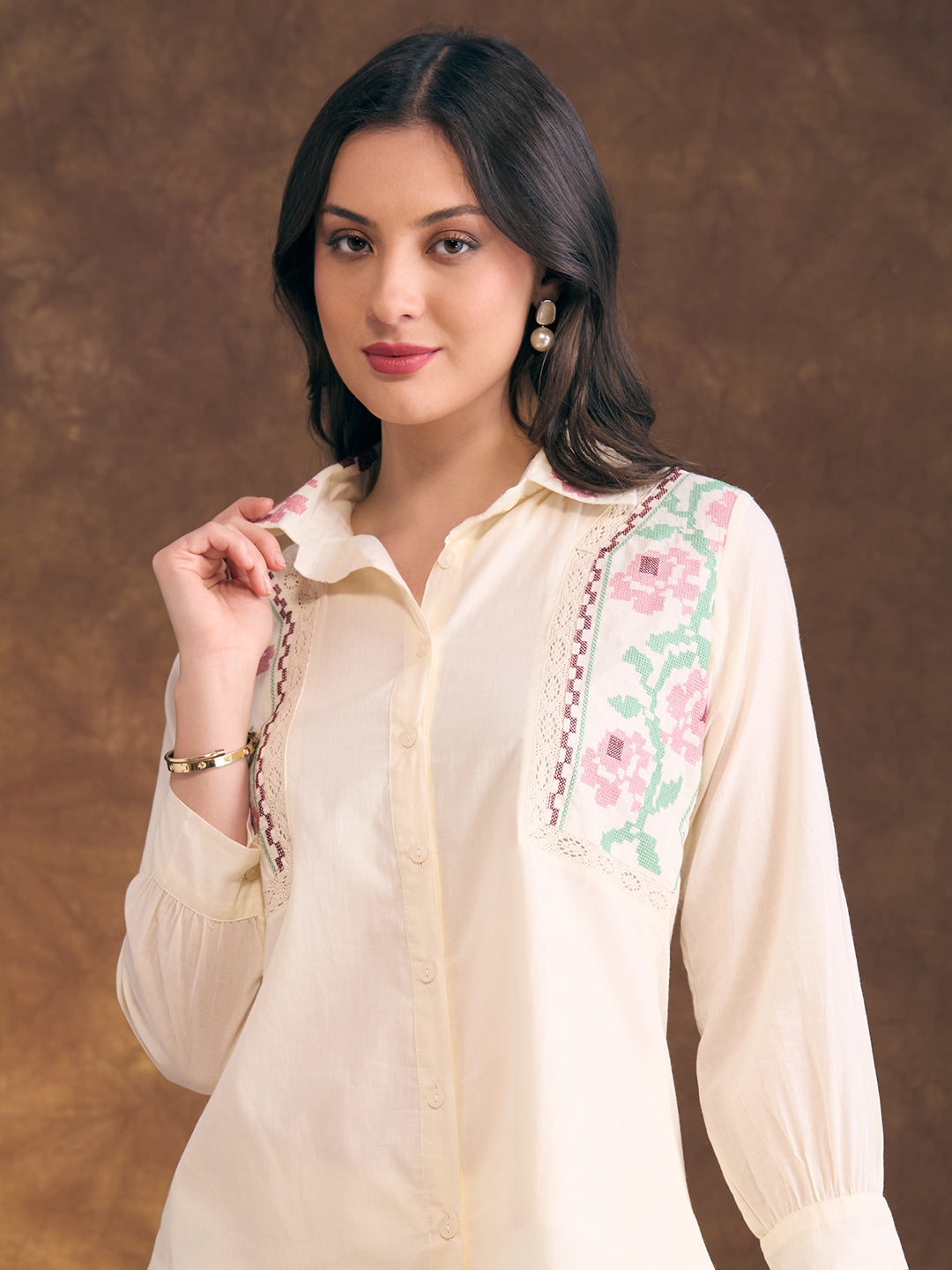 Floral Cross Stitch Embroidered Straight Fit Co-ord Set - Cream