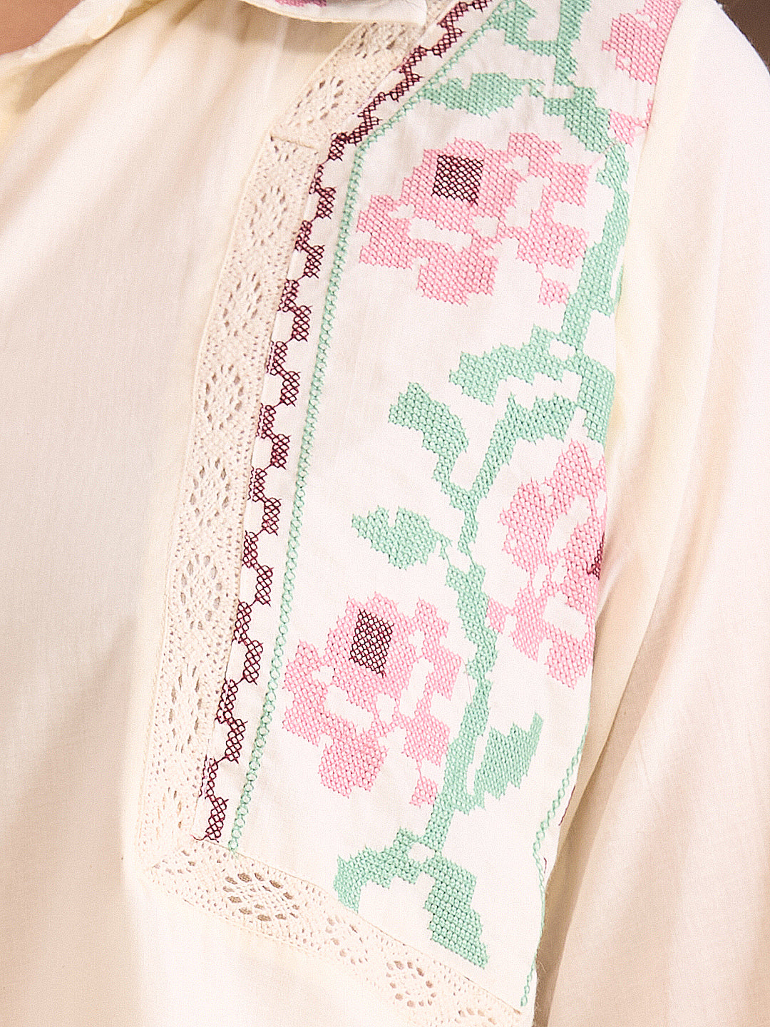 Floral Cross Stitch Embroidered Straight Fit Co-ord Set - Cream