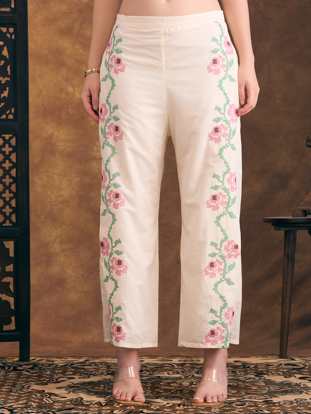 Floral Cross Stitch Embroidered Straight Fit Co-ord Set - Cream