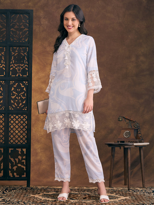 Abstract Printed & Mirror Embroidered Straight Fit Co-ord Set - Blue