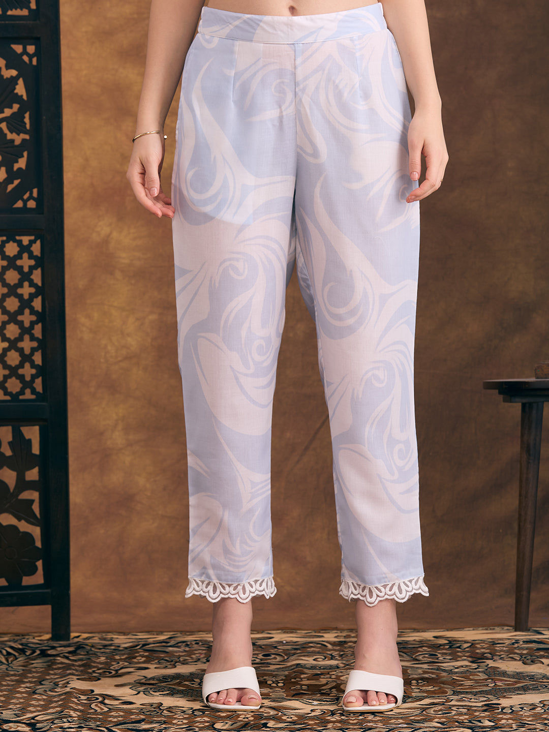 Abstract Printed & Mirror Embroidered Straight Fit Co-ord Set - Blue