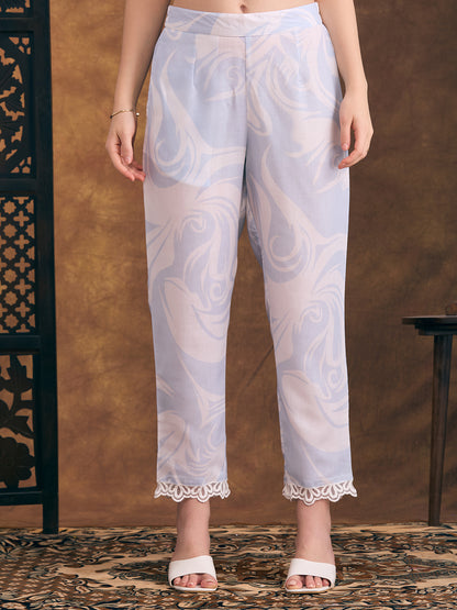 Abstract Printed & Mirror Embroidered Straight Fit Co-ord Set - Blue