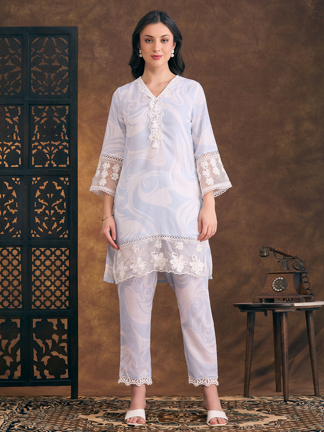Abstract Printed & Mirror Embroidered Straight Fit Co-ord Set - Blue
