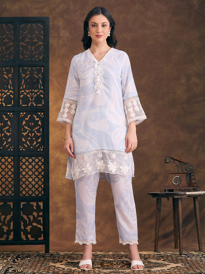 Abstract Printed & Mirror Embroidered Straight Fit Co-ord Set - Blue