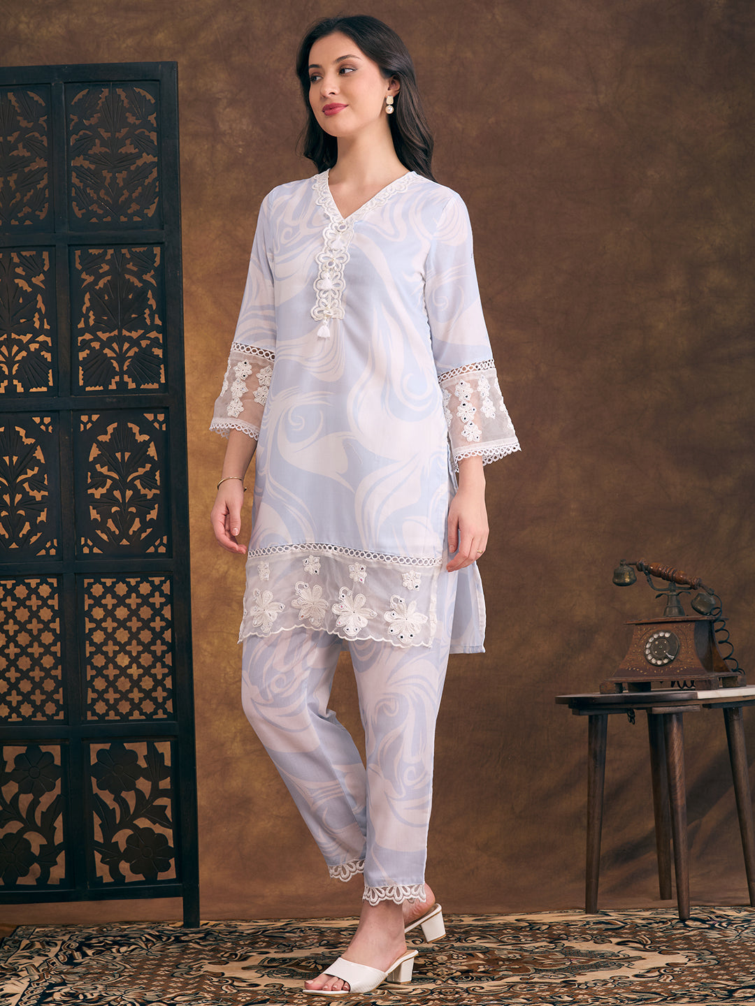 Abstract Printed & Mirror Embroidered Straight Fit Co-ord Set - Blue