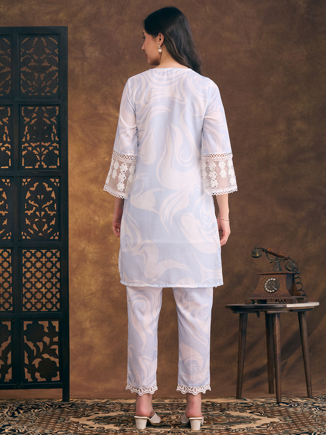 Abstract Printed & Mirror Embroidered Straight Fit Co-ord Set - Blue