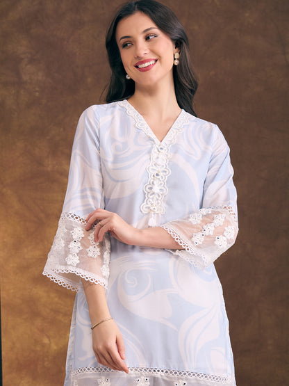 Abstract Printed & Mirror Embroidered Straight Fit Co-ord Set - Blue