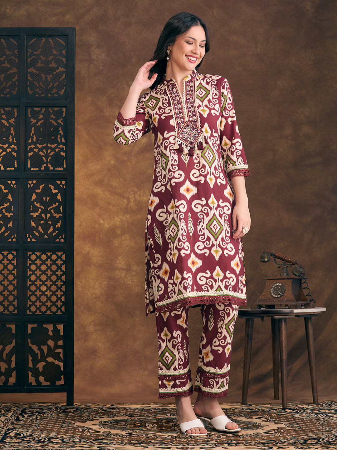 Ethnic Ikat Printed Embroidered Straight Fit Kurta with Pant - Maroon