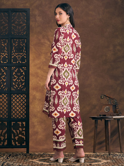 Ethnic Ikat Printed Embroidered Straight Fit Kurta with Pant - Maroon