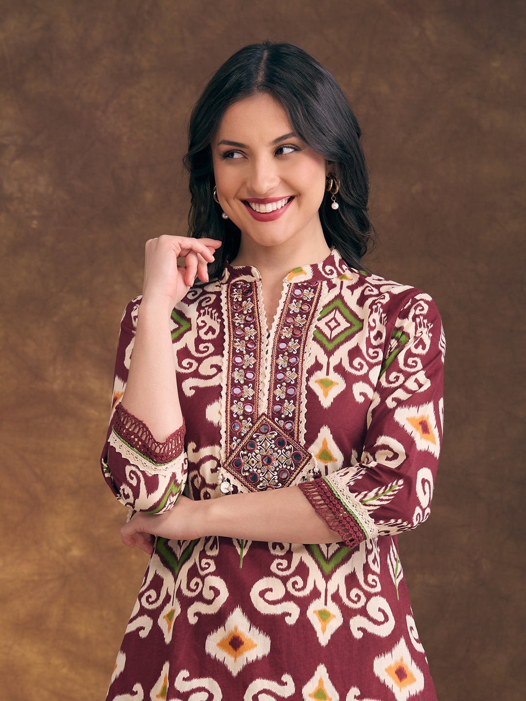 Ethnic Ikat Printed Embroidered Straight Fit Kurta with Pant - Maroon