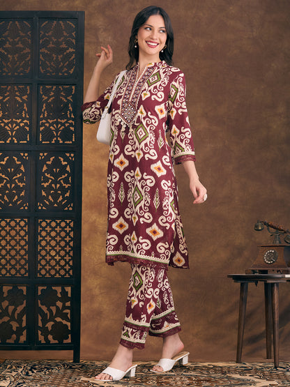Ethnic Ikat Printed Embroidered Straight Fit Kurta with Pant - Maroon