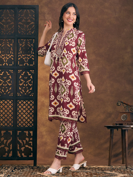 Ethnic Ikat Printed Embroidered Straight Fit Kurta with Pant - Maroon