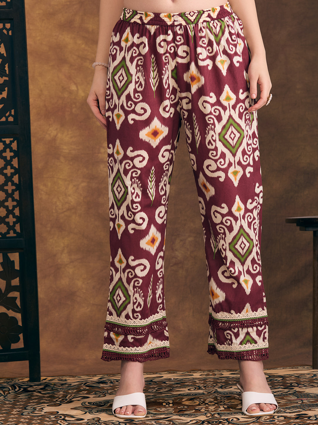 Ethnic Ikat Printed Embroidered Straight Fit Kurta with Pant - Maroon