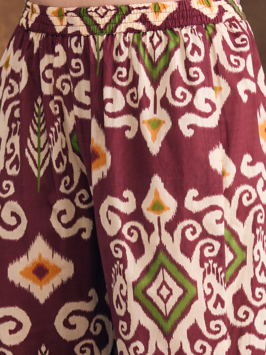 Ethnic Ikat Printed Embroidered Straight Fit Kurta with Pant - Maroon