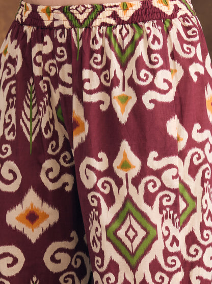 Ethnic Ikat Printed Embroidered Straight Fit Kurta with Pant - Maroon