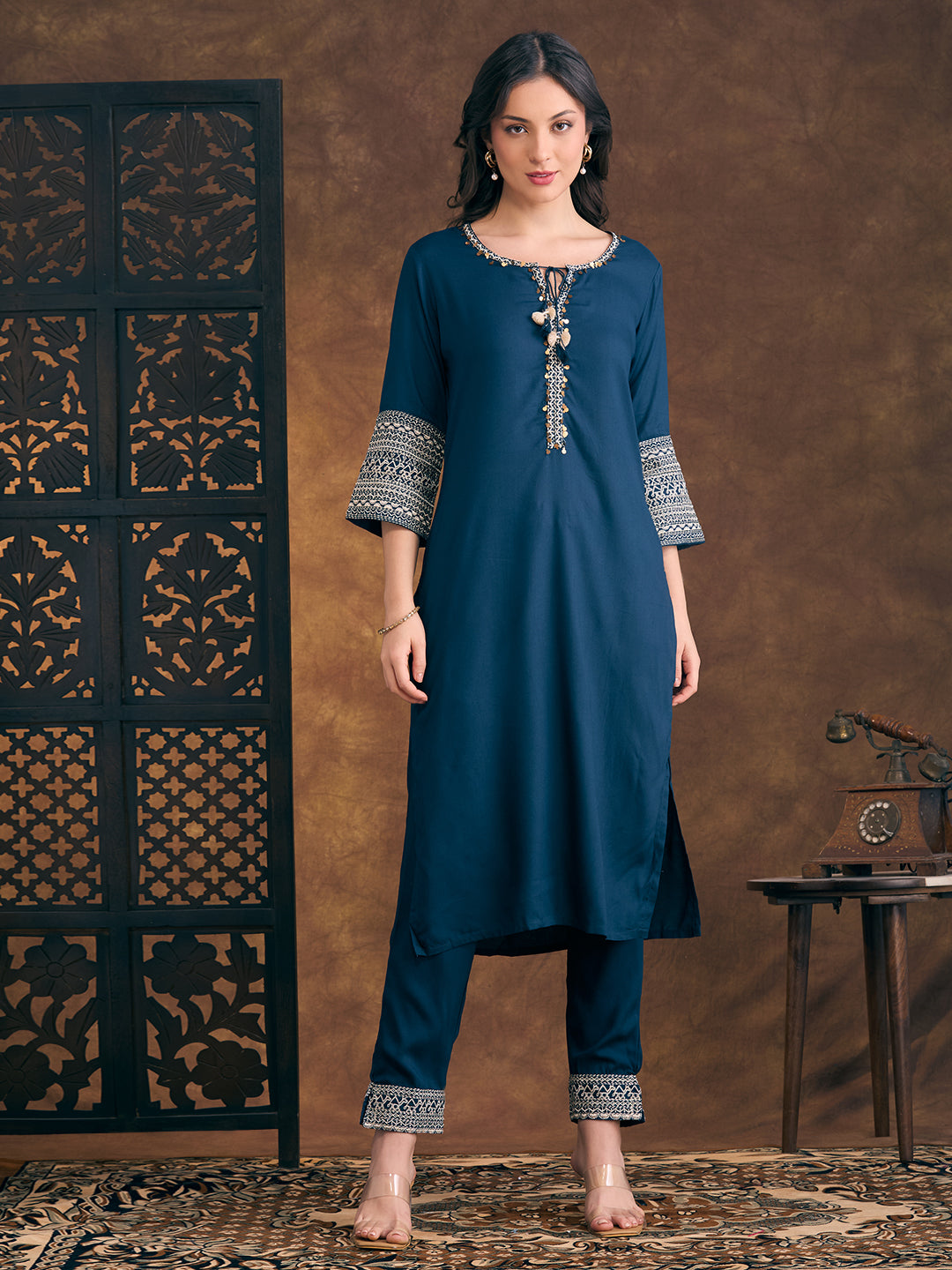 Solid Ethnic Resham & Zari Embroidered Straight Fit Co-ord Set - Teal
