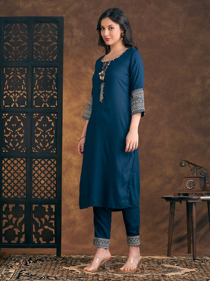 Solid Ethnic Resham & Zari Embroidered Straight Fit Co-ord Set - Teal