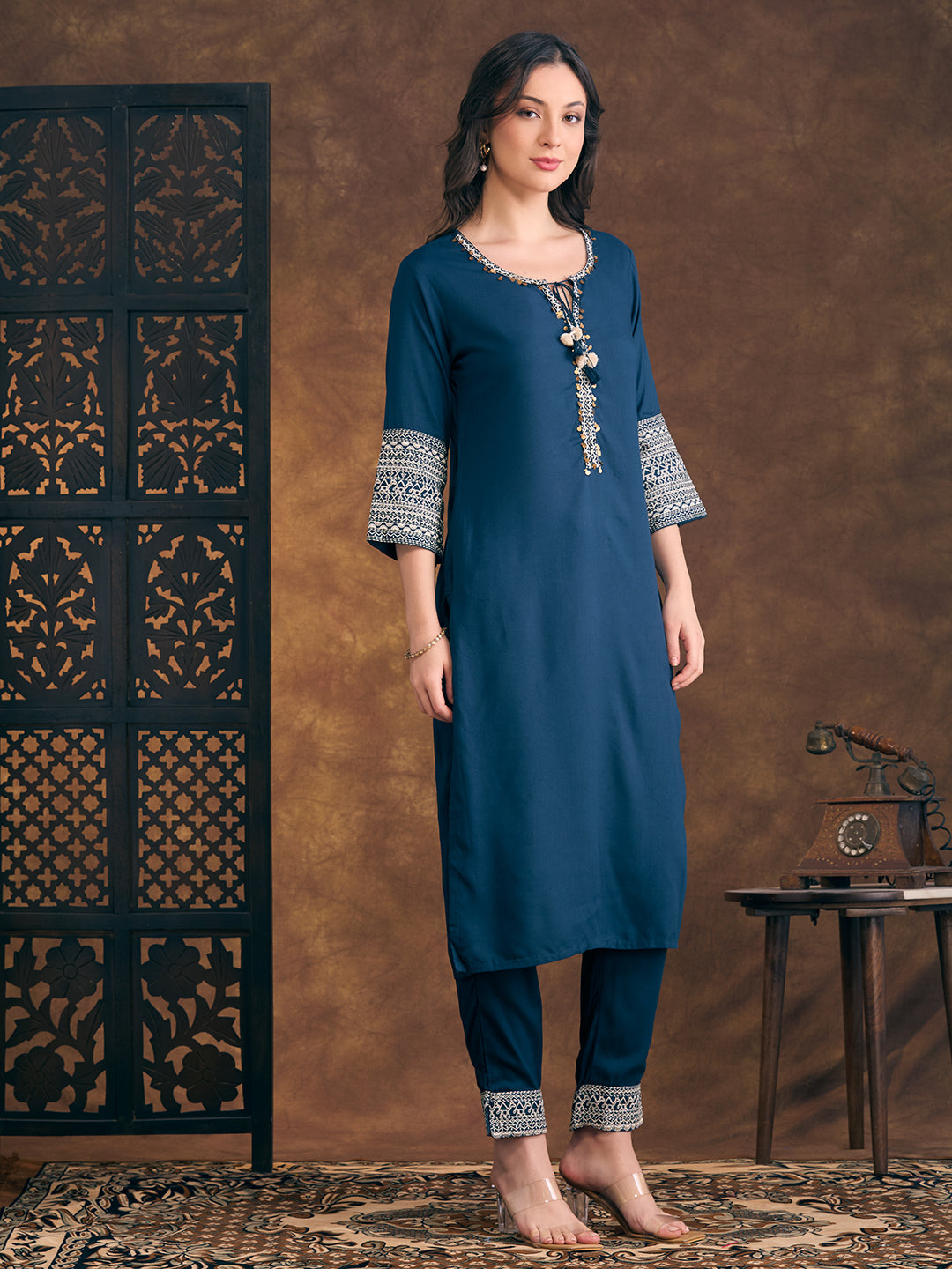 Solid Ethnic Resham & Zari Embroidered Straight Fit Co-ord Set - Teal