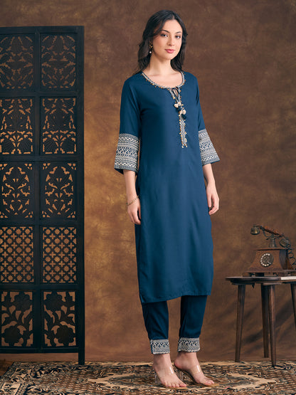 Solid Ethnic Resham & Zari Embroidered Straight Fit Co-ord Set - Teal