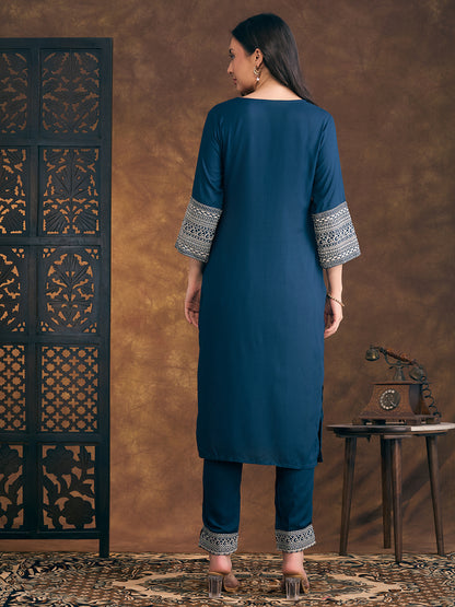 Solid Ethnic Resham & Zari Embroidered Straight Fit Co-ord Set - Teal