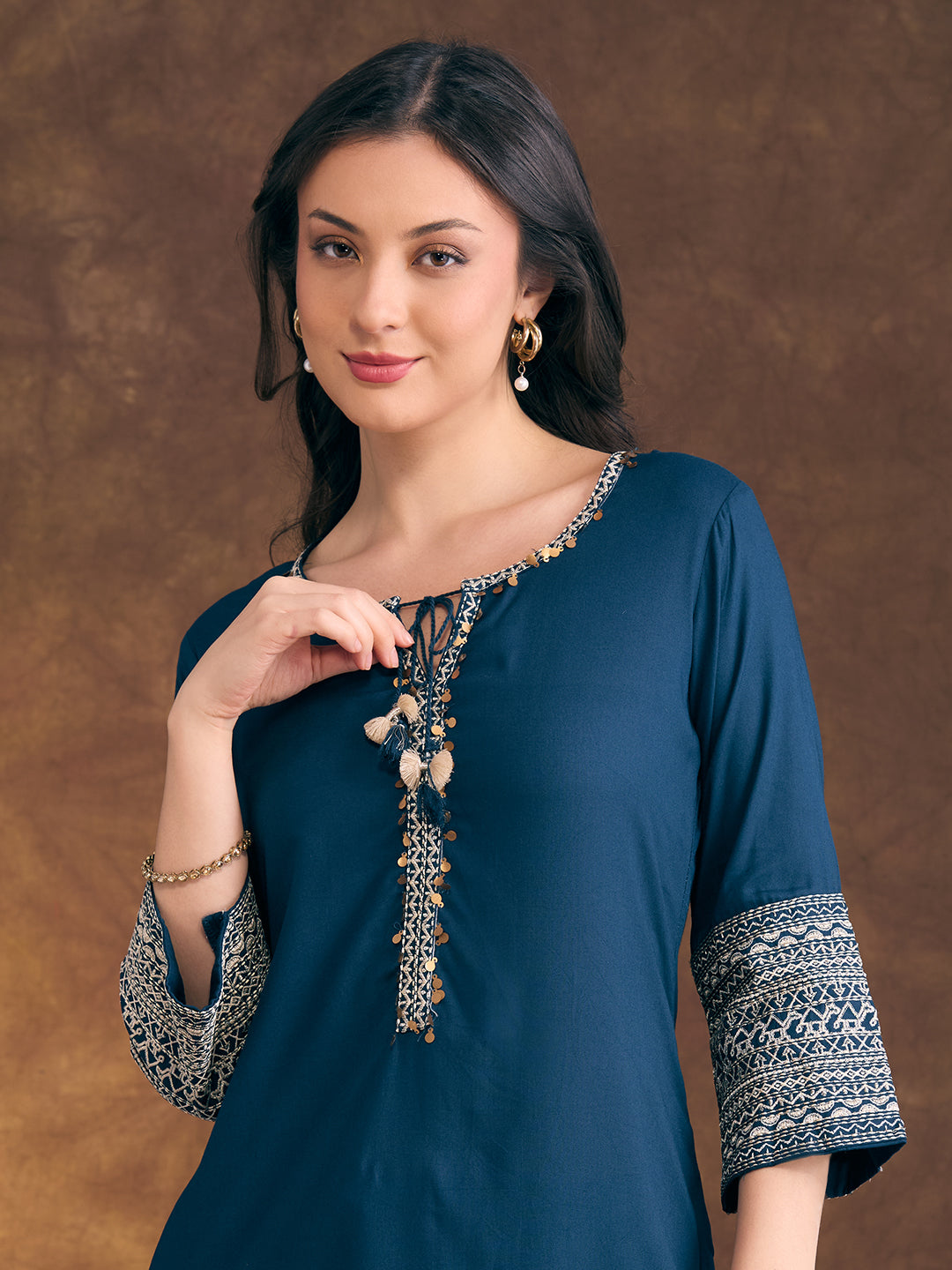 Solid Ethnic Resham & Zari Embroidered Straight Fit Co-ord Set - Teal