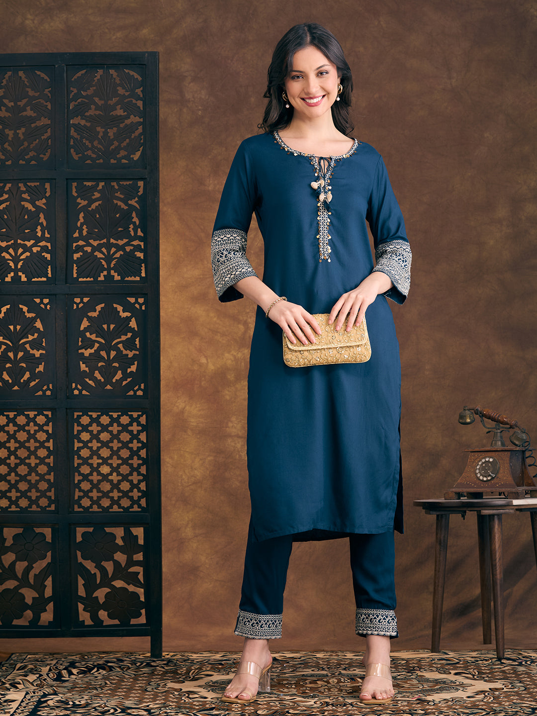 Solid Ethnic Resham & Zari Embroidered Straight Fit Co-ord Set - Teal
